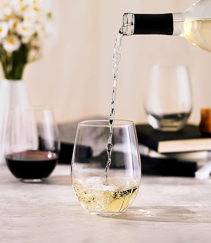LUNA & MANTHA Stemless Wine Glasses Set of 4, 18oz Crystal Red White Wine Glasses for Daily Use, Hosting, Home Bar, Evening Party, Birthdays, Shower, Housewarming Gift, Clear