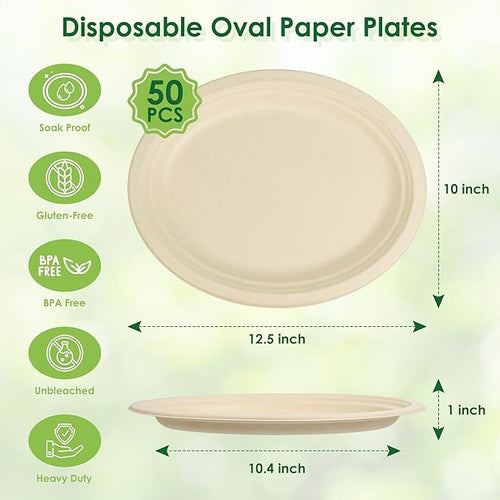 100% Compostable Oval Paper Plates, 12.5Inch 50Pack Disposable Heavy Duty Bagasse Platters Eco-Friendly Biodegradable Sugarcane Plates for BBQ, Party, Picnic - Natural Brown