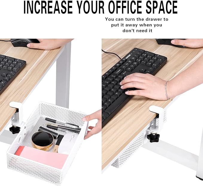 Mesh Desk Organizer and Clamp-on Swivel Pencil Drawer, Desk Hidden Desk Organizer Extra Sturdy C-Clamp Mount System and Easy to Instal, Home Office Art Supply Storage Box (White)