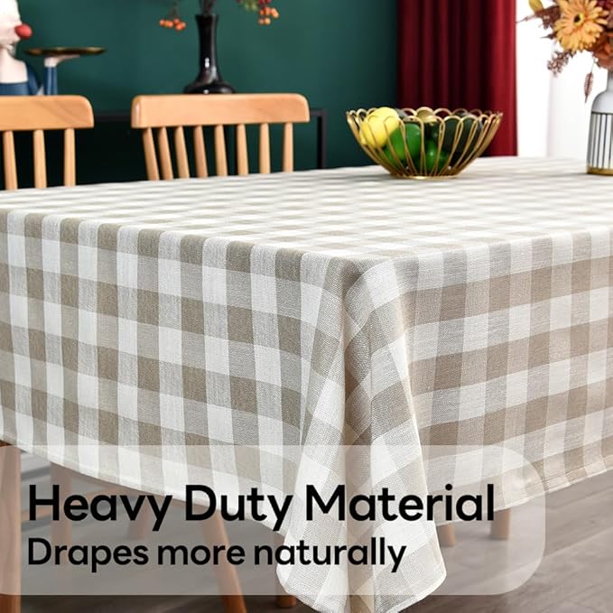 Gingham Tablecloth Rectangle Table Cloth Heavy Duty Cotton Checkered Table Cover for Spring Picnic Kitchen Dining(C-Beige, 52x86 inch)