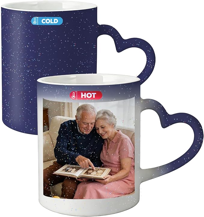 Custom Color Changing Mug,Personalized Photo Logo Text Print,Hidden Image Shows with Hot Drinks,Heart Shaped Handle Ceramic Coffee Cup,Home Office,for Valentine's Day (Dark Blue Starry)