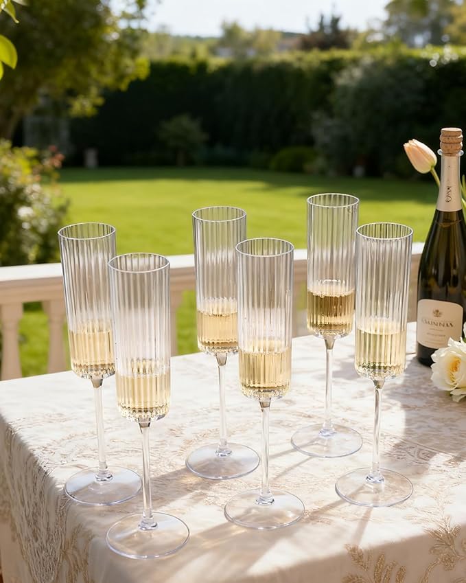 Ciaell 24 Pack Plastic Champagne Flutes - 6oz Ribbed Disposable Champagne Glasses - Clear Vintage Mimosa Glasses with Long Stem, Elegant for Weddings, Birthdays, Party