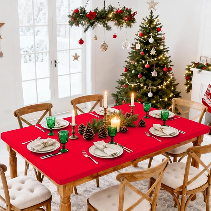 Smiry Rectangle Tablecloth, Elastic Fitted Flannel Backed Vinyl Tablecloths for 6ft Folding Tables, Waterproof Wipeable Table Covers for Indoor, Outdoor, Picnic and Camping (Red, 30"x72")