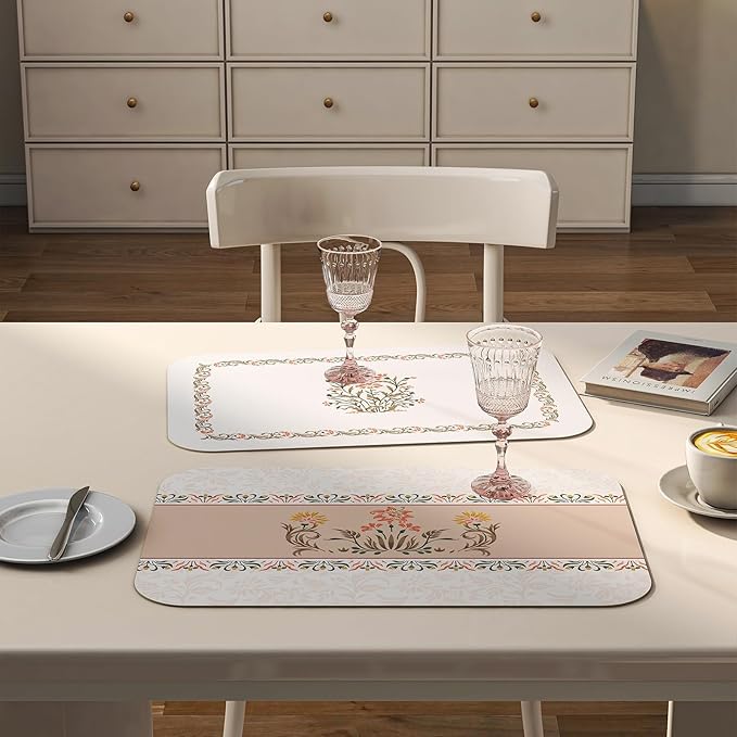 ISAENNE Floral Placemats Set of 6,Brown Rectangular PVC Placemats, Waterproof and Heat-Resistant British Style.Decoration for Kitchen, Dining, Parties, Holiday,12"*17"