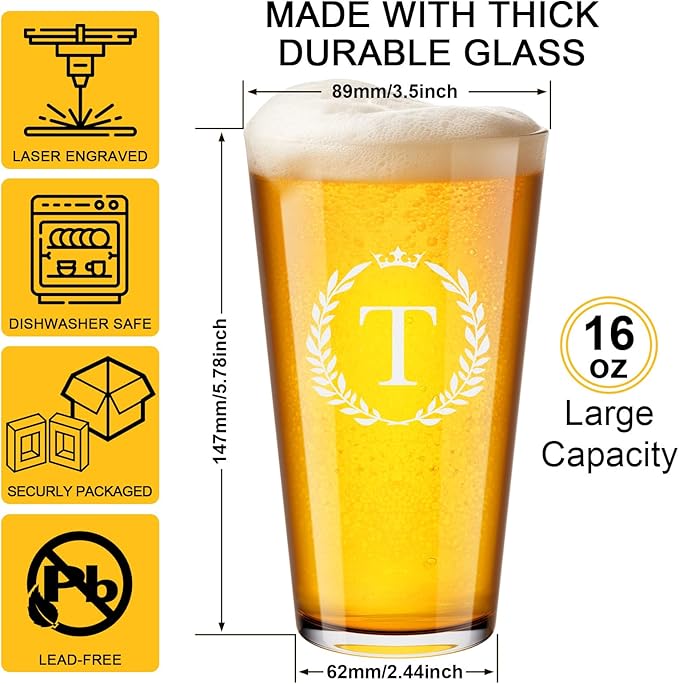 Personalized Beer Glasses Gifts for Men, 16 oz Pint Glasses Monogrammed A-Z Drinking Glass Cups Customized Gift, Unique Christmas Anniversary Birthday Gifts for Men Him Dad Brother Husband Grandpa (T)