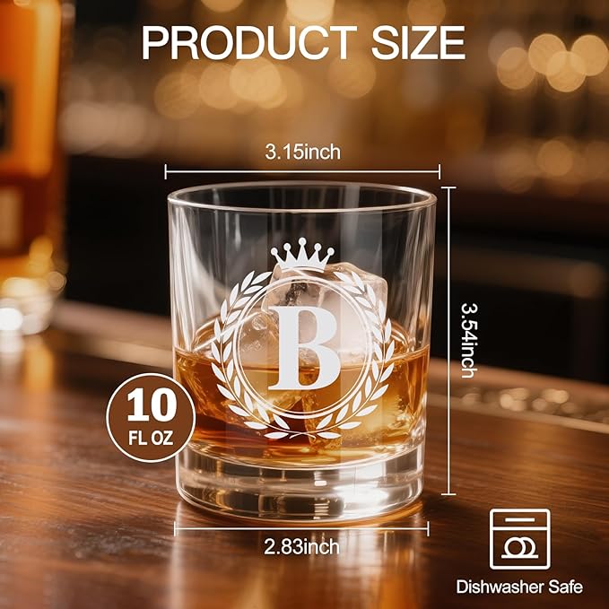 Whiskey Glasses - Rocks Old Fashioned Glass Gifts for Men, Monogrammed A-Z 10oz Personalized Whisky Glasses, Christmas Birthday Gifts for Men Him Dad Father Husband Brother Son (B)