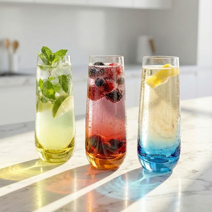 ColoVie Stemless Champagne Glasses Set of 6- Colored Champagne Flutes- Wedding Toasting Glass- Bridesmaid Gift- Mimosa Glass- Crystal Bar Glassware- Birthday Cocktail Party, 9.6oz