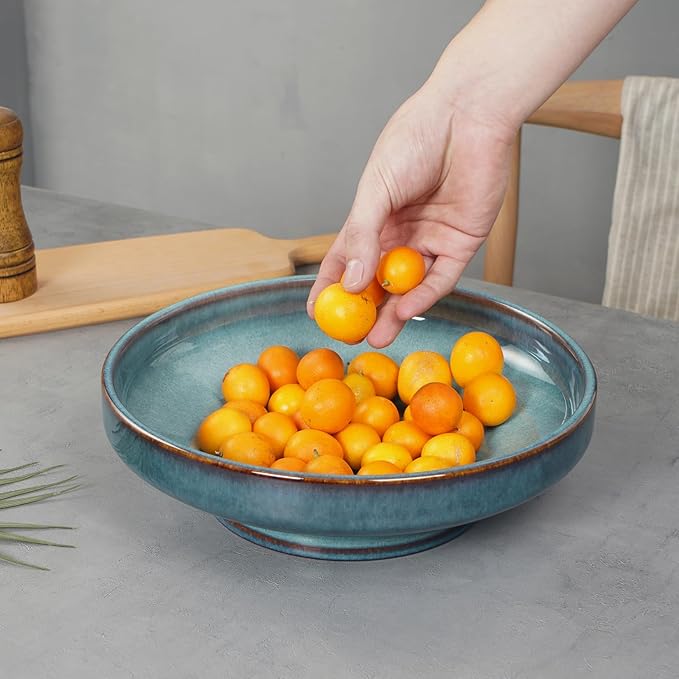 Ceramic Fruit Bowl for Kitchen Counter,Decorative Pedestal Bowl for Table Countertop,Large Footed Serving Bowl,10.2 Inch (Blue)