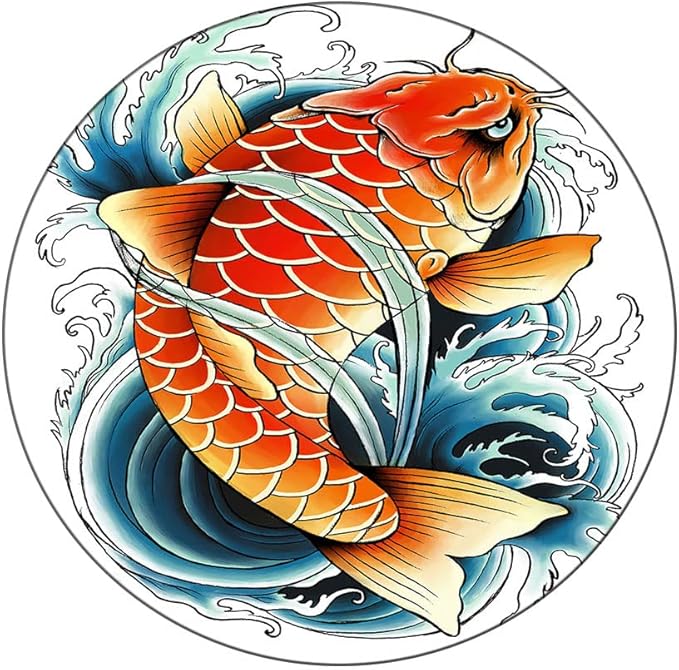 Round Tablecloth, Koi Fish Tablecloth for Side Table, Tattoo Style Japanese Wave, Fit Round Tables 32inch Diameter, Buffet Table/Parties/Holiday Dinner, Multicolor