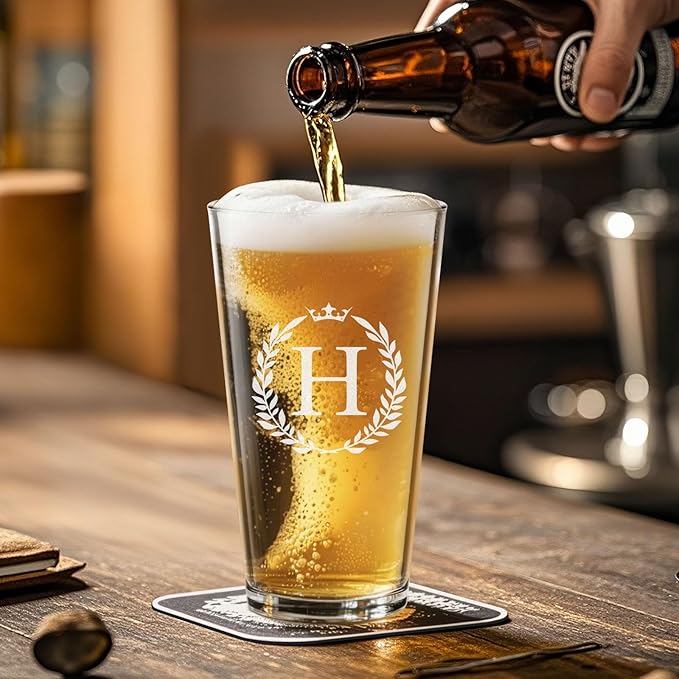 Personalized Beer Glasses Gifts for Men, 16 oz Pint Glasses Monogrammed A-Z Drinking Glass Cups Customized Gift, Unique Christmas Anniversary Birthday Gifts for Men Him Dad Brother Husband Grandpa (H)