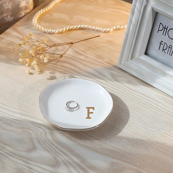 Initials Ring Dish Jewery Tray with Personalized F-Monogrammed Gifts Wedding Engagement for Women Friends Sister,Ceramic White