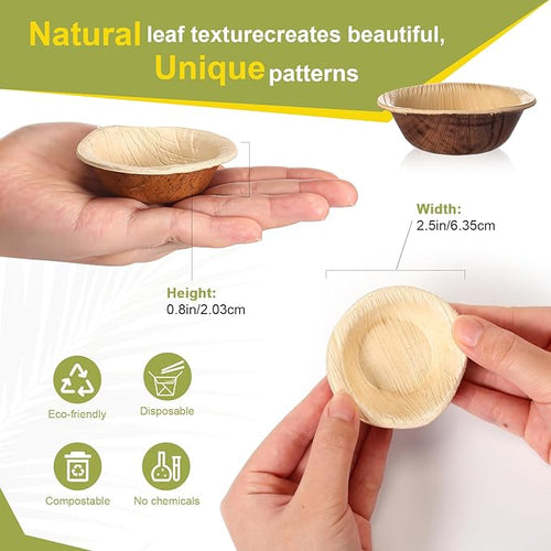 100 Pcs Small Palm Leaf Dip Bowls 2.5 Inch Disposable Palm Leaf Round Mini Dip Bowl, All Natural and Compostable Small Bamboo Plates for Dips Soy Sauce Charcuterie Board and Finger Foods