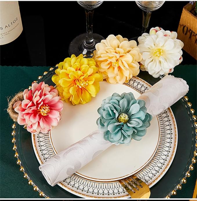Floral Napkin Rings Set of 6,Rustic Rose Napkin Rings Flower Dinner Napkin Holder for Table Decoration (34#Pink)