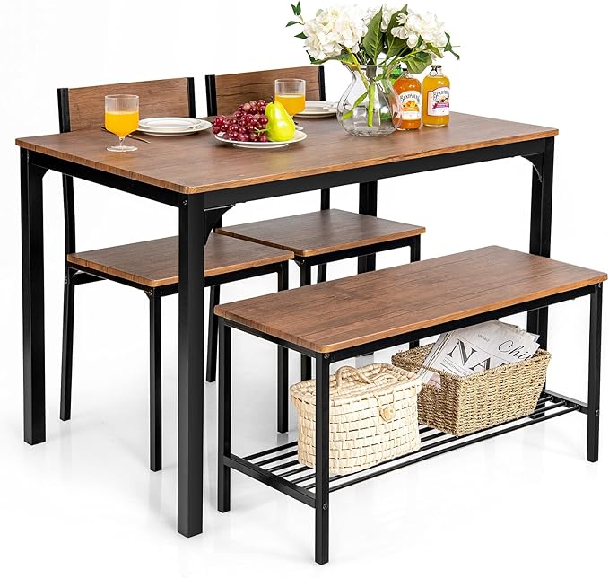 Giantex Dining Table Set for 4, 43" Kitchen Table and Chairs, Dining Bench with Metal Frame & Storage Rack, 4-Piece Modern Functional Desk Set for Dinette, Small Space, Apartment, Restaurant, Brown