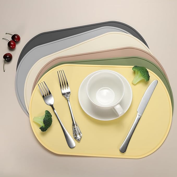 uxcell 4 Pcs Oval Silicone Placemat, 15.4" x 10.4" Non-Slip Washable Table Placemats Heat Resistant Waterproof Mat with High Edge for Table Kitchen Desk Protection, Yellow