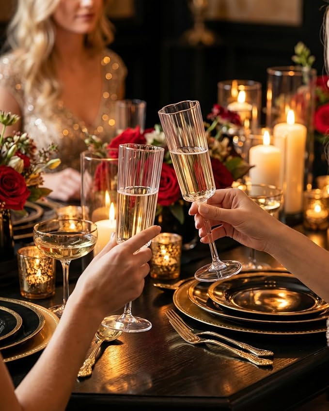 Ciaell 24 Pack Plastic Champagne Flutes - 6 Oz Flower Wavy Champagne Plastic Glasses - Heavy Duty Vintage Disposable Flutes for Party & Anniversary & Wedding