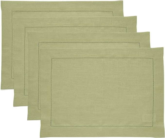 Solino Home Linen Placemats Set of 4 - Classic Hemstitch Moss Green Placemats 14 x 19 Inch - 100% Pure Linen Table Mats for Winter, Spring, Easter, St Patricks Day