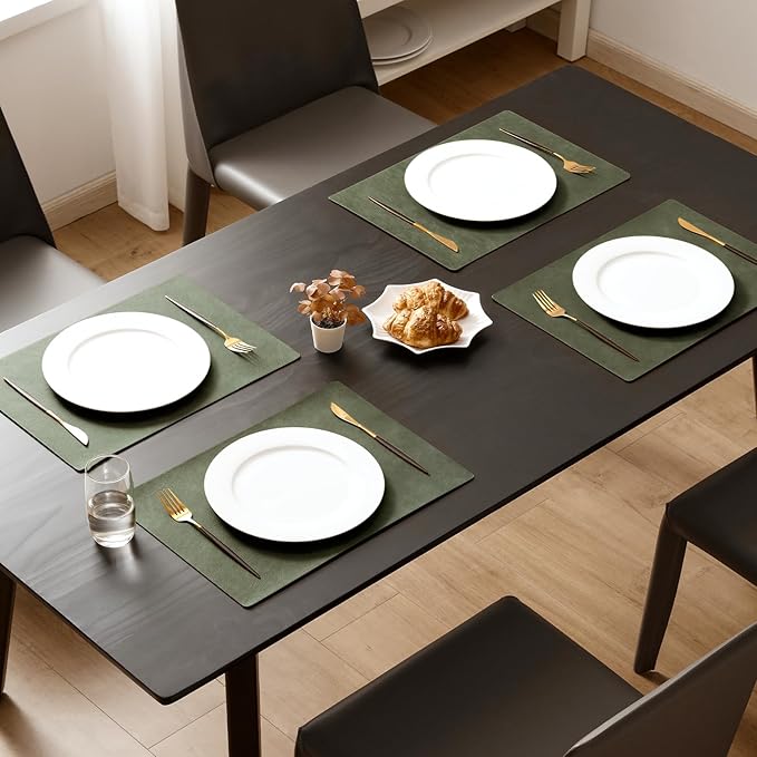 MOSAYT Vinyl Placemats Set of 8-12 X 17 Inch - Faux Leather 100% Waterproof Oil-Proof Wipeable PU Place Mats, Heat Resistant Reversible Table Mats for Kitchen, Dining, Outdoor (Olive Green)