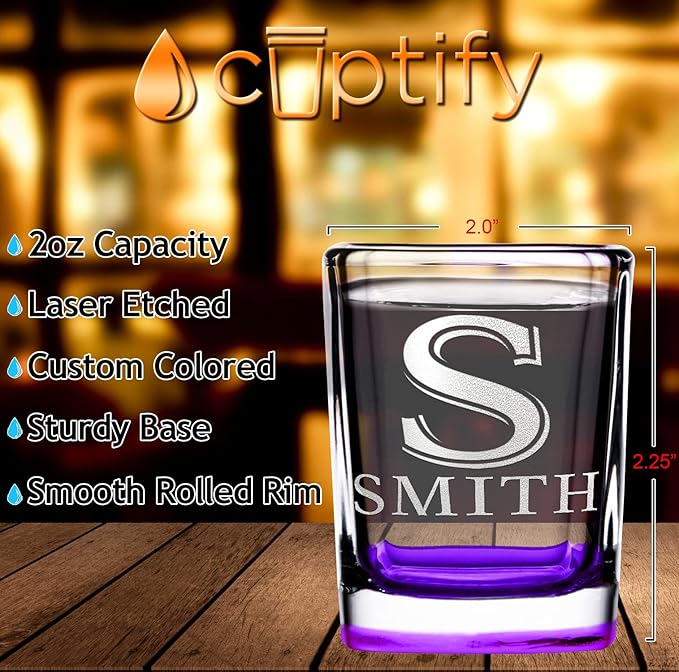Personalized Shot Glasses Set of 4 Initial and Name 2oz Purple Bottom Etched Square Shot Glass Engraved with Custom Text Birthday Gift for Men and Women