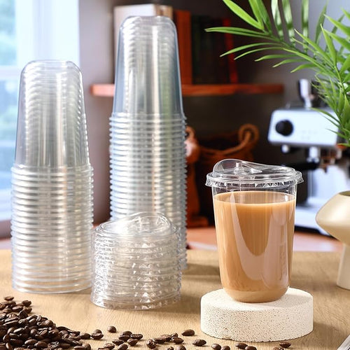 100 Sets Clear Plastic Cups with Strawless Sip Lids, Thickened Clear Disposable Plastic PET Crystal Cups for Iced Coffee, Smoothie, Cold Beverage, Drink Shops and Party Catering (16 oz)