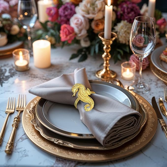 Decozen Set of 4 Gold Napkin Rings in Sea Horse Design, Festive, Table Decor Setting for Holiday, Wedding, Birthday, Kitchen, Home Decor, Housewarming Gift - Mothers Day Decorations