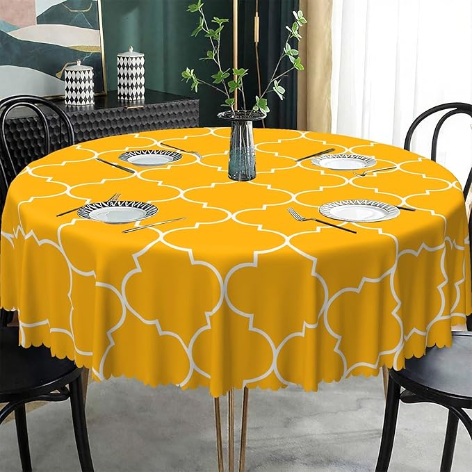 Laeacco 54 Inch Morocco Round Tablecloth Orange Geometric Lattice Modern Abstract Art Print Table Cloth Washable Waterproof Wrinkle Free Table Cover for Kitchen Dining Picnic Party Decoration