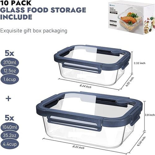 10-Pack Glass Food Storage Containers with Tempered Lids – Borosilicate, Airtight, Oven-Safe (-4°F~950°F), BPA-Free, 4.4 & 1.6 Cup, Leak-Proof, Dishwasher Safe (Blue)