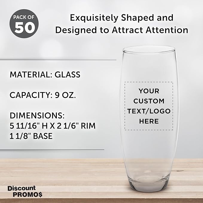 DISCOUNT PROMOS 50 ARC Stemless Champagne Flutes Set, 9 oz. - Customizable Text, Logo - Cachet, Glassware, Cocktails - Clear