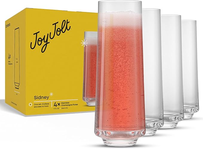 JoyJolt Sidney 9 oz Stemless Champagne Flutes Set of 4 | Modern Champagne Glasses for Prosecco, Rose, Sparkling Wine, Mimosa, Wedding Registry/Hosting Gifts | Premium Crystal Made in Europe