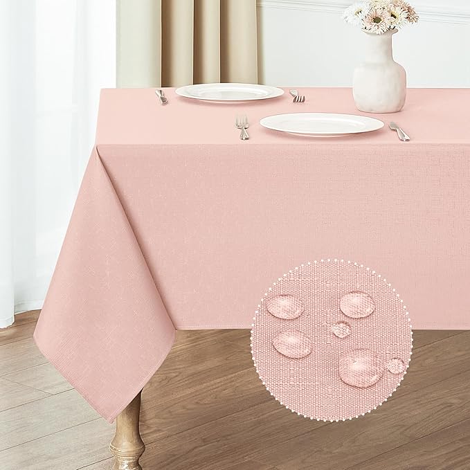 2 Pack Rectangle Tablecloth, 60x120 inch, Water Resistant Wrinkle Free Linen Textured Table Cloth Washable, Decorative Fabric Table Cover for Dining, Party and Camping, Pink