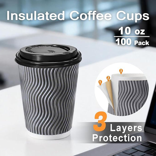 100 Pack 10 oz Coffee Cups with Lids, Disposable Insulated Hot Cups To Go Paper Coffee Cups, Corrugated Ripple Wall Cup for Hot Drink, Office, Coffee Bar (Grey 10 oz)