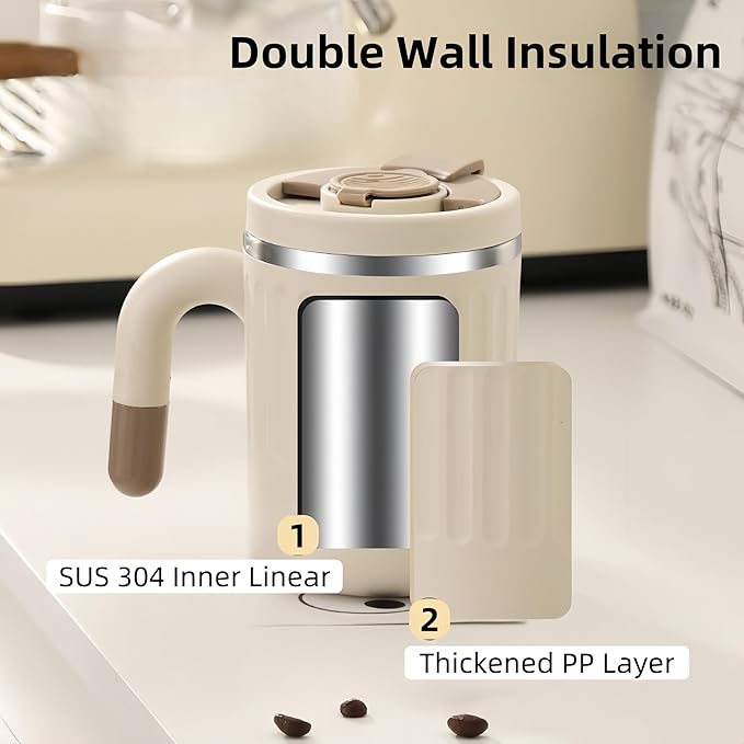 16oz Insulated Coffee Mugs - Ideal for Indoor Office Use. Features SUS 304 Inner, Double Wall Insulation, Detachable Silicone Ring. 3 Drinking Options. Available in White, Brown, Pink (khaki)