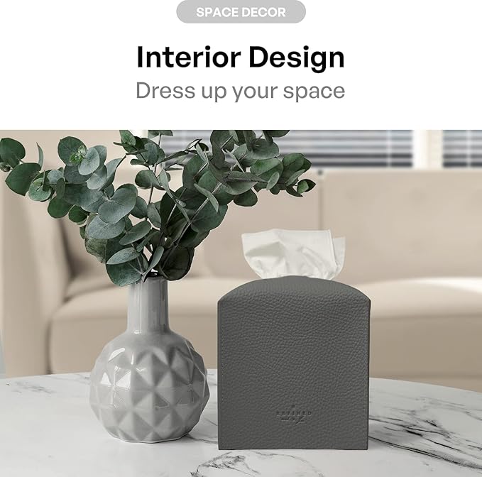 Carrotez Tissue Box Cover, [Refined] Modern PU Leather Square Tissue Box Holder - Decorative Holder/Organizer for Bathroom Vanity Countertop, Night Stands, Office Desk & Car 5"X5"X5" - Charcoal