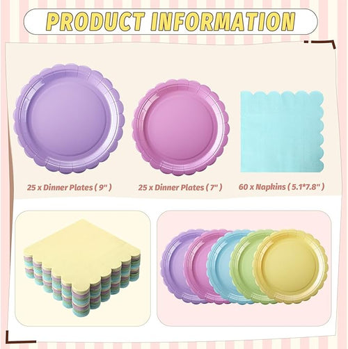 110 Pcs Pastel Party Supplies Plates and Napkins Tableware Set Serve 25 Guests Includes Scalloped 9" Paper Plates 7" Dessert Dinner Plate Colorful Napkins for Birthday Wedding Baby Shower