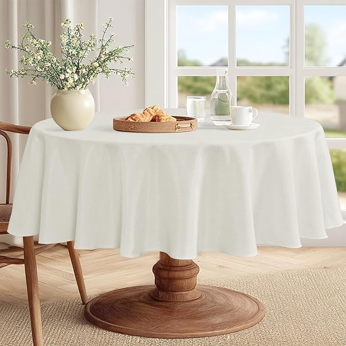 JIUZHEN Round Table Cloth Faux Linen Farmhouse Tablecloth Wrinkle and Stain Resistant Decorative Fabric Table Cover for Kitchen, Dining Room, Parties and Camping, White, 90 Inch Round