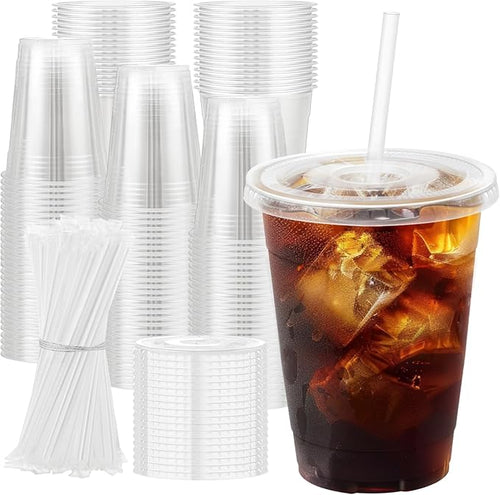 12 oz 100 Pack Plastic Cups with Lids and Straws, Sturdy Food Safe Iced Clear Coffee Cups Disposable Smoothie Cups for Cold Drinks