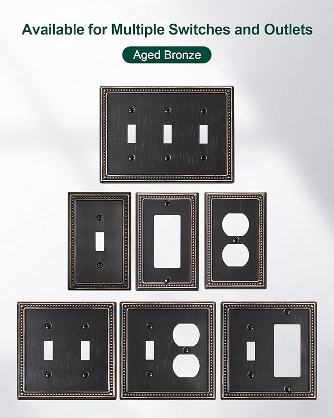 2-Pack Combo Toggle/Decorator Light Switch Cover Plate, Pearls Decorative Electrical Outlet Covers, Metal Wall Switch Plates and Outlet Covers, Aged Bronze