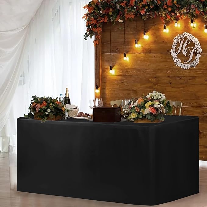 HolidayIdeas Fitted Black Tablecloths - 72 x 30 Inch - 4 Pack Rectangle Table Clothes for 6 Foot Tables, Polyester Fabric Table Cover for Vendor Booth, Parties, Holiday Dinner, Wedding, Trade Show