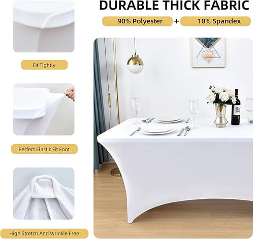 10-Pack 6ft White Spandex Table Covers for Rectangle Standard Folding Tables - Wrinkle Resistant Stretch Tablecloths - Ultimate Fitted Table Protector for Parties, Banquet, Wedding
