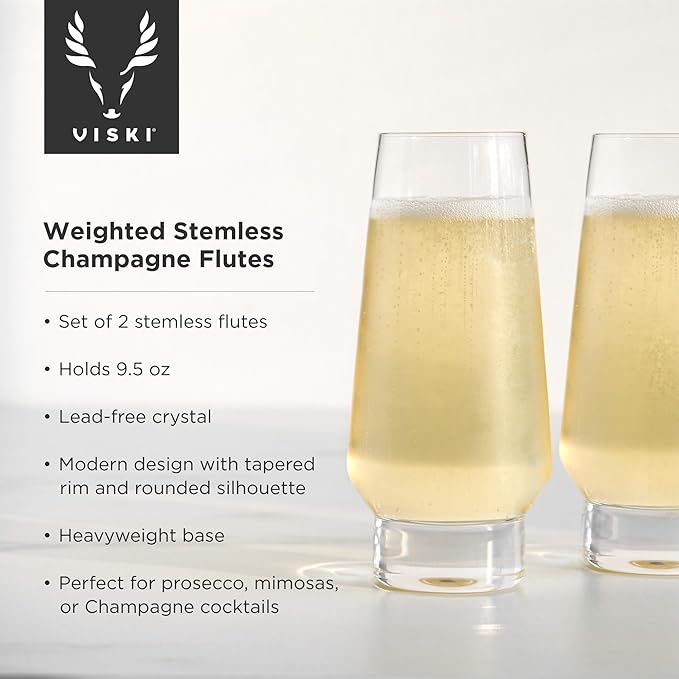 Viski Weighted Stemless Champagne Flutes - Modern Crystal Wine Martini Mimosa Cocktail Glasses Round Footed Base, Bar Fluted Glassware, Housewarming Wedding Champagne Gift - Set of 2, 9.5oz, Clear