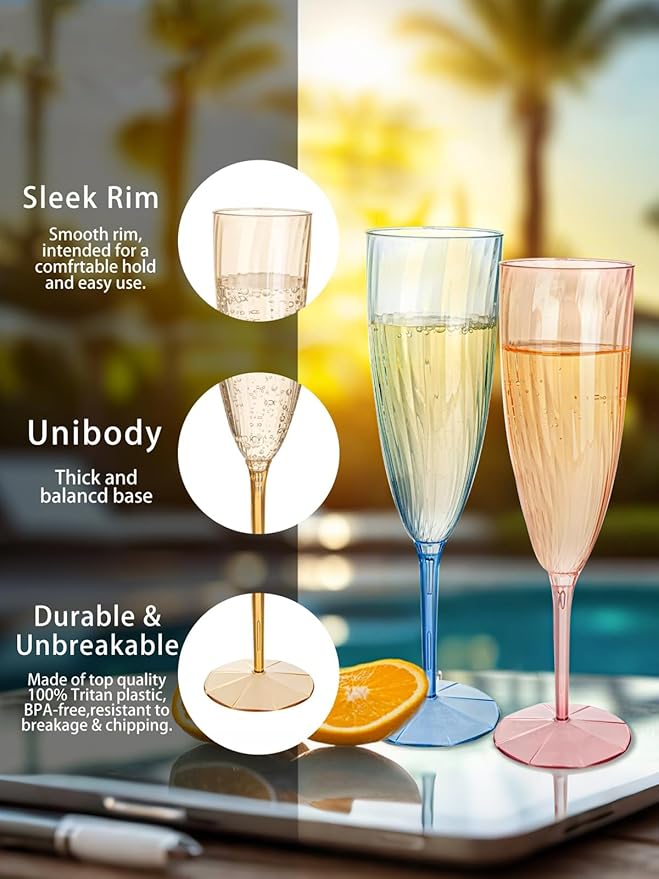 WDF 12PCS Colorful Plastic Champagne Flutes - 6 OZ Colorful Disposable Champagne Flutes - Perfect for Wedding Parties Birthday Valentines Day