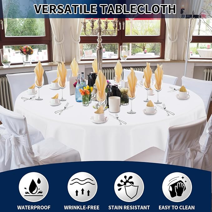 PureFit 8 Pack Round White Table Cloths 90 Inch for Round Tables, Stain and Wrinkle Resistant Table Linens for Home Use, Wedding, Party, Banquet and Camping