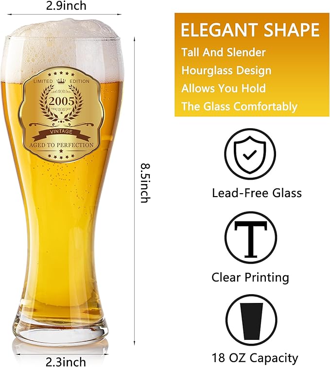 21st Birthday Beer Glasses Gifts, Personalized '2005' Vintage Glass Ware Set for Men, Black Gift Package with Drinking Glass, Coaster, and Card for 21 Years Old Man