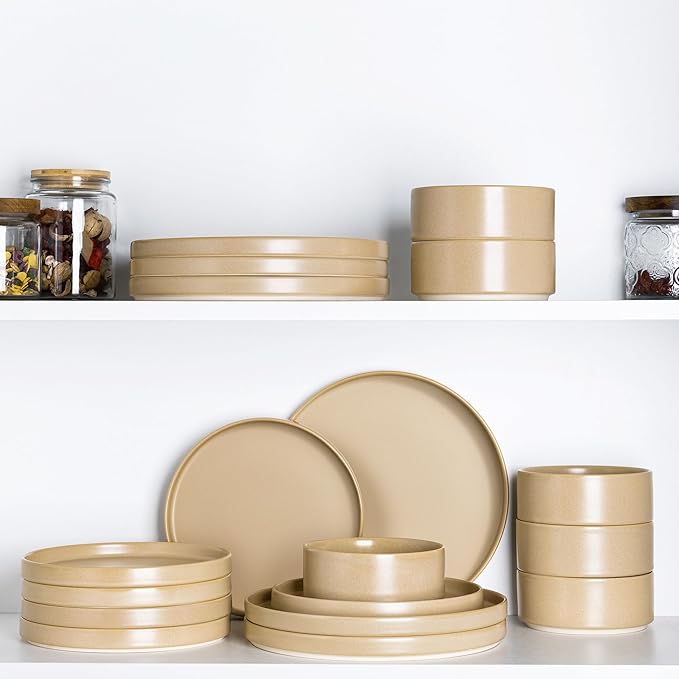 TheTerra Ceramic Dinnerware Sets for 4, 12 Pieces Handmade Reactive Glaze Plates and Bowls Set, Scratch Resistant Dish Set, Oven & Microwave & Dishwasher Safe, Ivory Cream