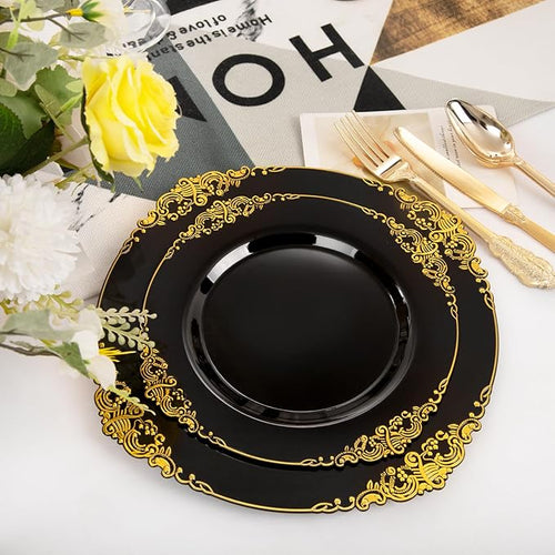 102PCS Black and Gold Plastic Plates - Black Disposable Plates - Heavyweight Disposable Plate with Gold Rim - Fancy Dinner & Dessert Plate for 51 Guests Weddings & Party