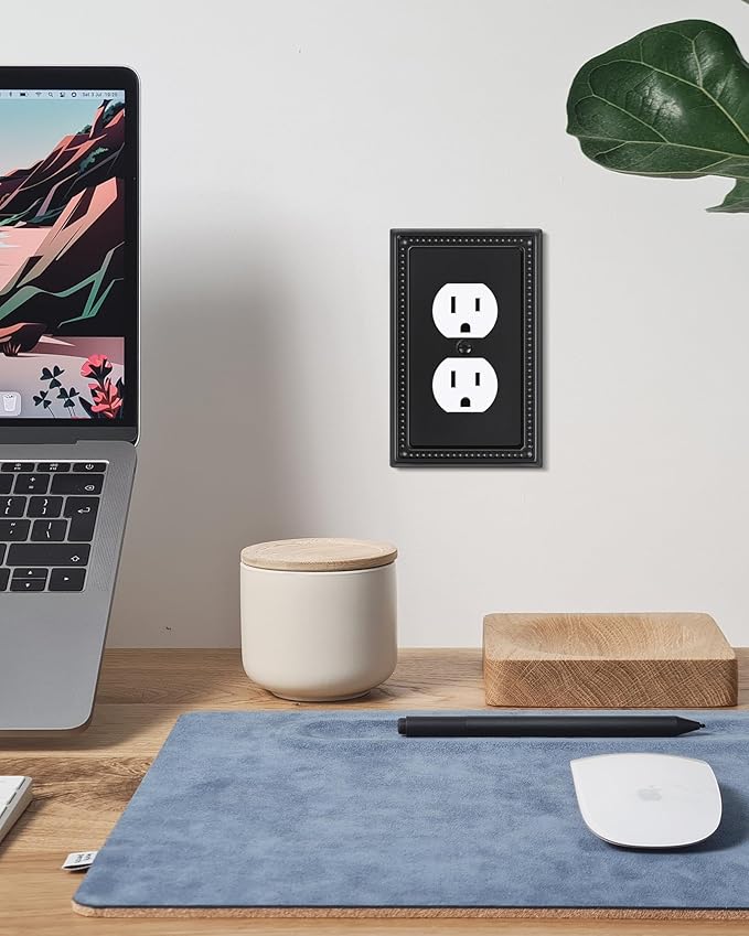 6-Pack Duplex Outlet Cover, Black Metal Wall Plates for Electrical Outlets, 1 Gang Receptacle Light Switch Cover, Pearls Beaded Decorative Switch Plates and Outlet Covers
