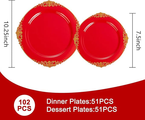 102PCS Red and Gold Plastic Plates - Red Plates Disposable - Vintage Plastic Plate with Gold Rim Include 51PCS Dessert & 51PCS Dinner Plate Perfect for Weddings & Party & Valentine's Day