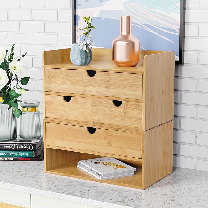 Bamboo Desk Drawer Organizer, 2 Drawer Desktop Organizer with Drawers Tabletop Storage Organization Box for Office Home Toiletries Supplies Vanity, No Assembly Required