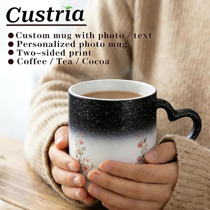 Custom Color Changing Mug,Personalized Photo Logo Text Print,Hidden Image Shows with Hot Drinks,Heart Shaped Handle Ceramic Coffee Cup,Home Office,for Valentine's Day (Black Starry)