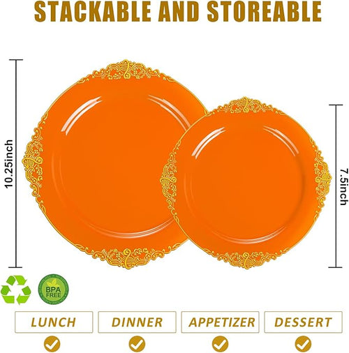 102PCS Orange Plastic Plates - Orange and Gold Disposable Plates - Party Plate with Gold Rim - Vintage Disposable Plate Serving for 51Guests for Party & Wedding
